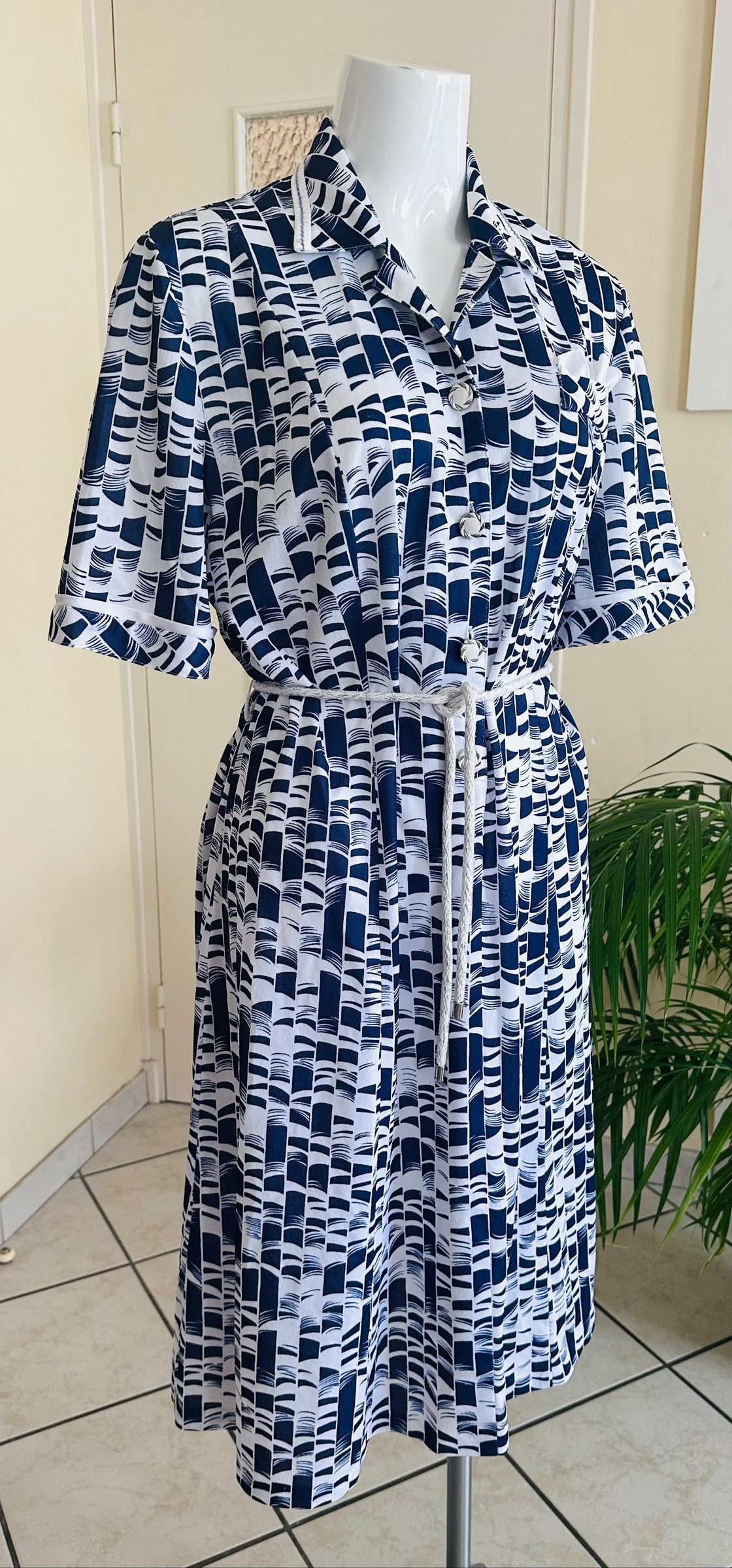 Vintage gebreide jurk marineblauw en wit maat 48/50 – Perfecte staat – photo 5